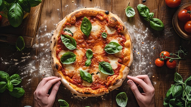 Foto una clásica pizza de margarita servida en una tabla de madera con hojas de albahaca fresca