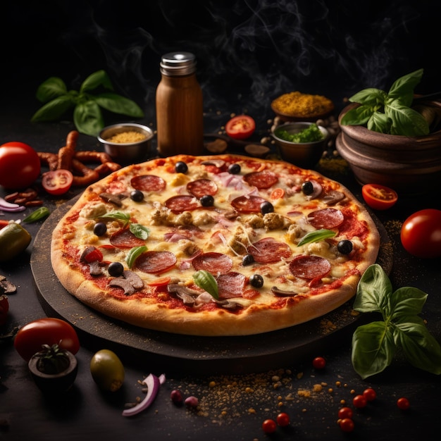 Foto la clásica pizza de rebanada de queso derretido amplifica las coberturas frescas en un dramático telón de fondo negro