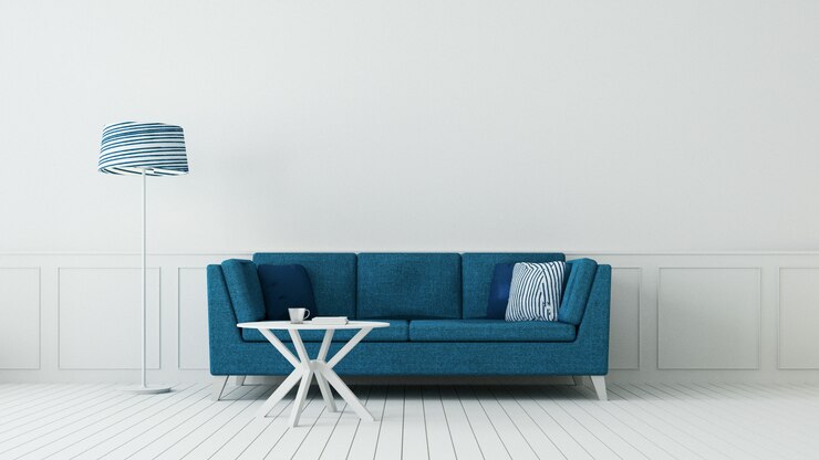 La clásica sala de estar azul y la lujosa pared interior / representación 3D