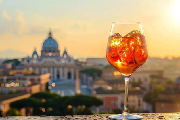 Un clásico cóctel de spritz con la ciudad de Roma en el fondo