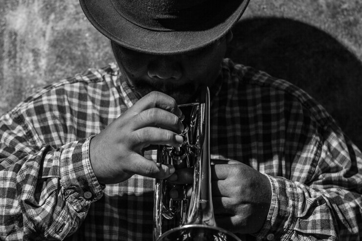 Foto clásico cornet musical de blanco y negro.