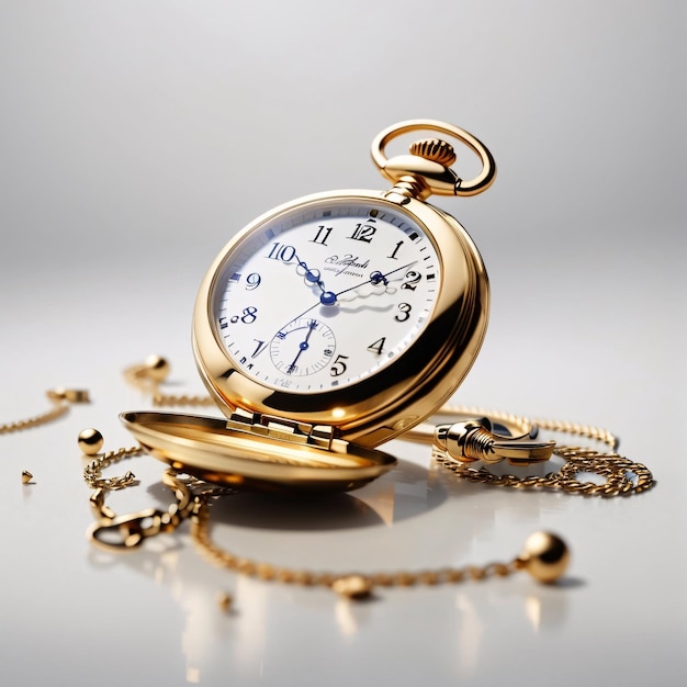 Clásico y lujoso reloj de bolsillo dorado con fondo liso que muestra la hora