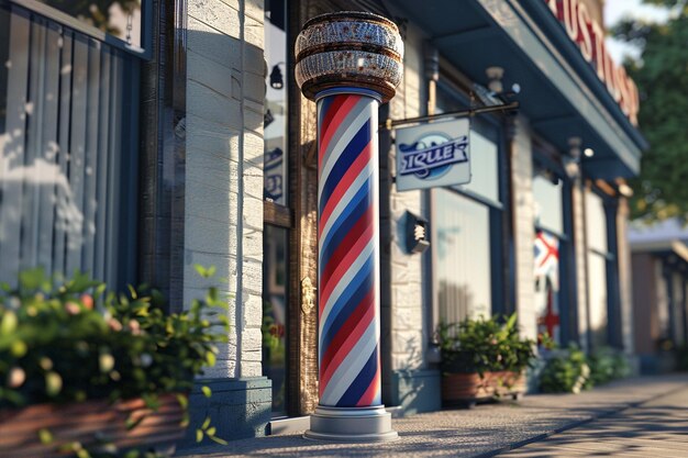 Foto el clásico palo de barbero girando fuera de un tradicional