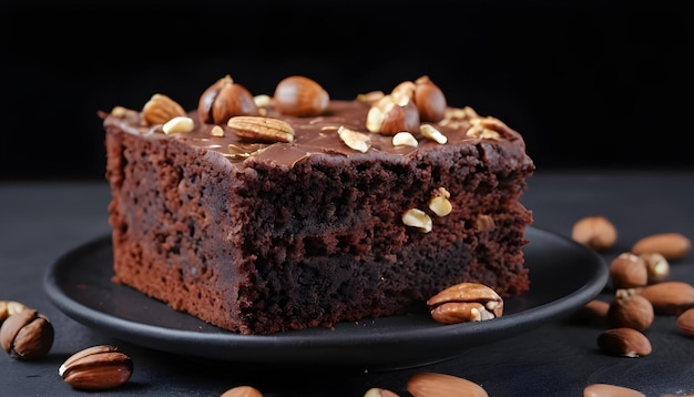 El clásico pastel americano es un brownie, pastel de chocolate con nueces sobre un fondo negro.