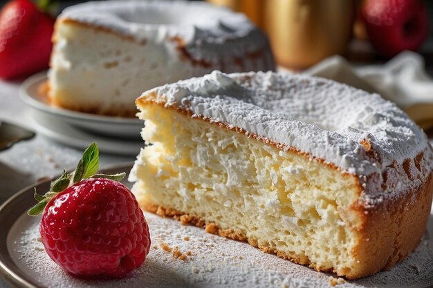 Foto clásico pastel de comida de ángeles con azúcar en polvo