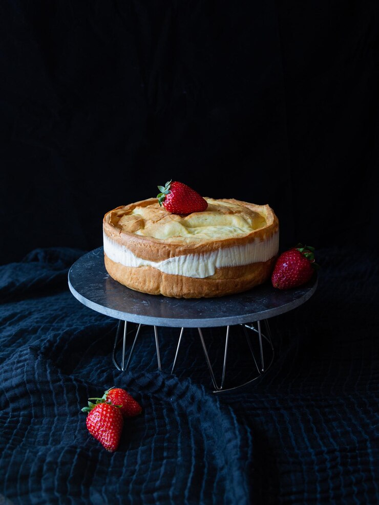 Foto el clásico pastel polaco karpatka con fresas frescas sobre un fondo azul oscuro
