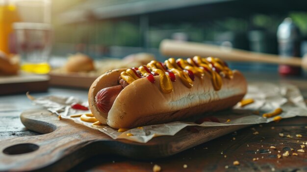 Foto clásico perrito caliente estadounidense contra el telón de fondo de un estadio de béisbol