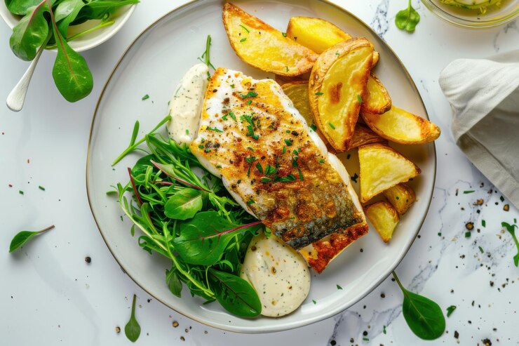 Clásico pescado y papas fritas servido con salsa tártara verduras frescas y una cuña de limón en un plato blanco
