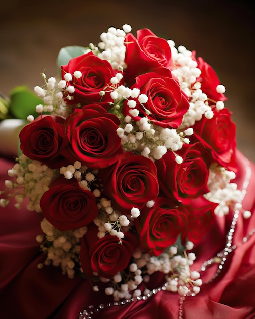 Un clásico ramo de rosas rojas aterciopeladas mezcladas con aerosoles de aliento blanco de bebé