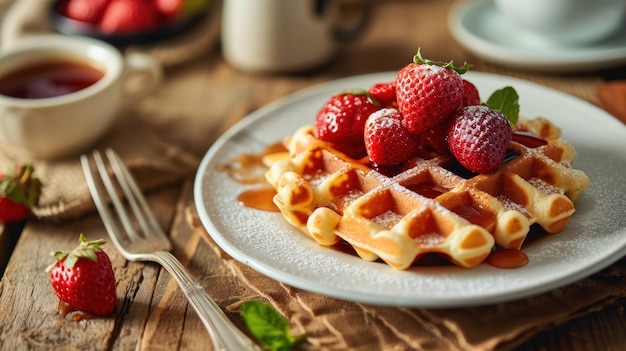 Los clásicos Waffles belgas contra un acogedor rincón de desayuno