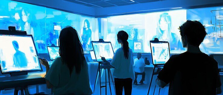 Foto "classe de arte futurista com estudantes usando tecnologia avançada"