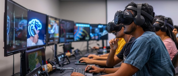 Classe de realidade virtual interativa estudantes de todo o mundo aprendendo sobre inovações de IA