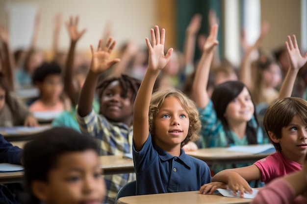 Classe inteligente de jovens meninos e meninas todos levantando as mãos para mostrar que sabem a resposta a uma pergunta feita por uma sorridente e atraente jovem professora