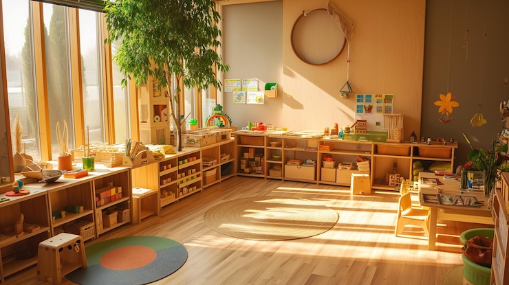 Foto classe leve no jardim de infância montessori mesa de madeira para crianças com cadeiras em primeiro plano
