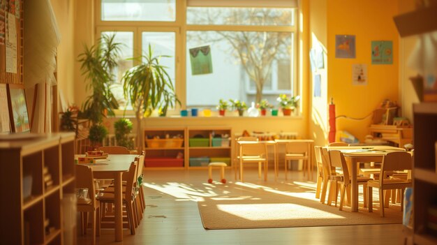 Foto classe leve no jardim de infância montessori mesa de madeira para crianças com cadeiras em primeiro plano