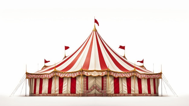 clássica tenda de circo tradicional com listras vermelhas e brancas voando fantasiosamente contra um fundo branco claro ilustração gerada por IA