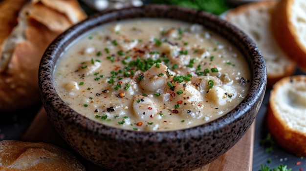 Clássico New England Clam Chowder Descançar Creamy Clam Chawder Bowl na Shack à beira-mar Decoração náutica Ambiente costeiro aconchegante