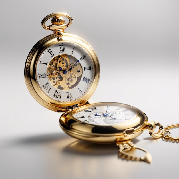 Clássico relógio de bolso dourado luxuoso fundo liso mostrando o tempo