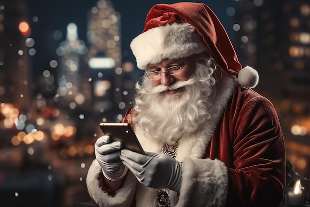 clássico Santa Claus usa um telefone celular interage com a tela