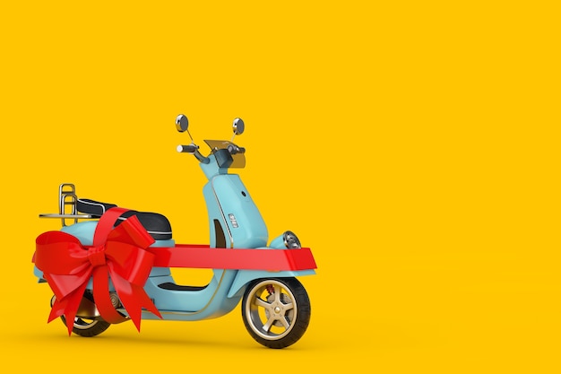 Clássico Vintage Retro ou Scooter elétrico com fita vermelha como presente em um fundo amarelo. Renderização 3D