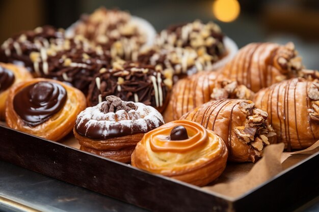 Foto classificação de sobremesas de bolos doces e croissants na padaria