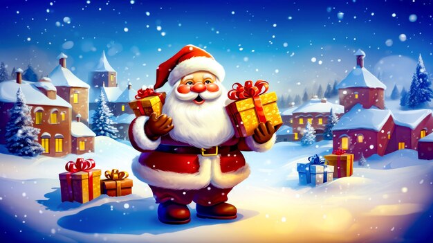 Clausula de Santa de dibujos animados sosteniendo una caja de regalos en una escena navideña nevada con el pueblo en el fondo IA generativa
