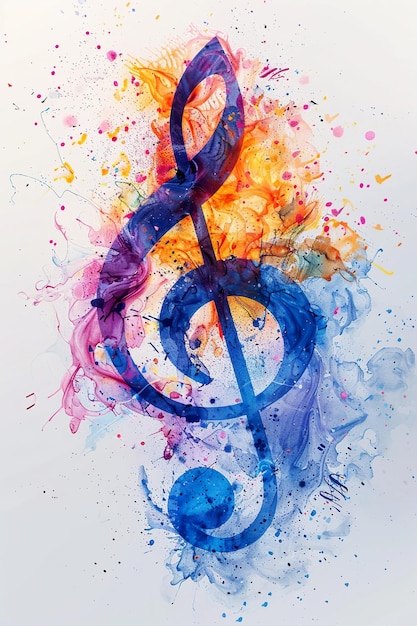 Clave aguda salpicada de colores azul lila y naranja Día Internacional de la Música