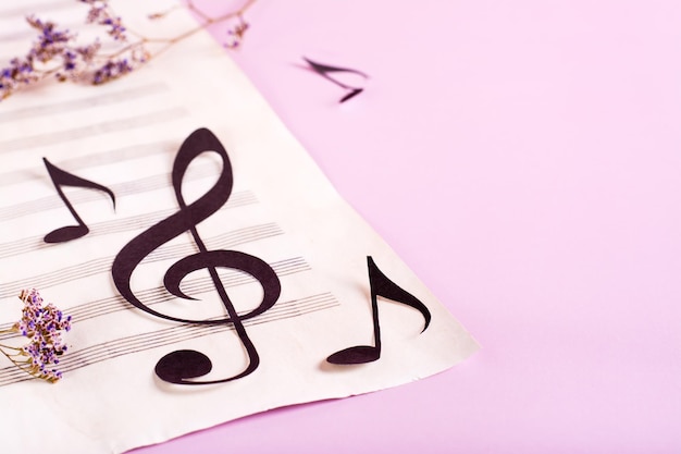 Clave musical de papel e notas de papel em uma folha de música e flores secas