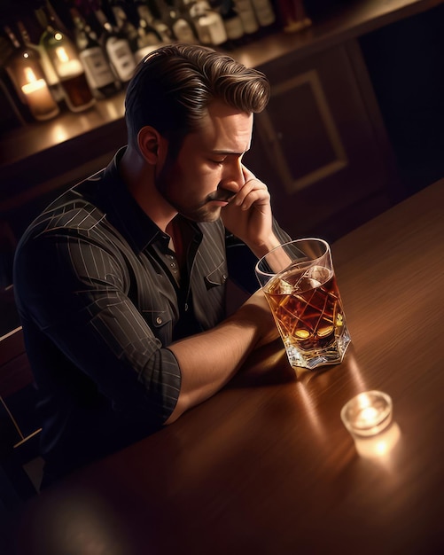 Clave oscura El hombre triste se sienta solo con una botella de alcohol en un bar en un ambiente oscuro estrés y alcoholismo IA generativa