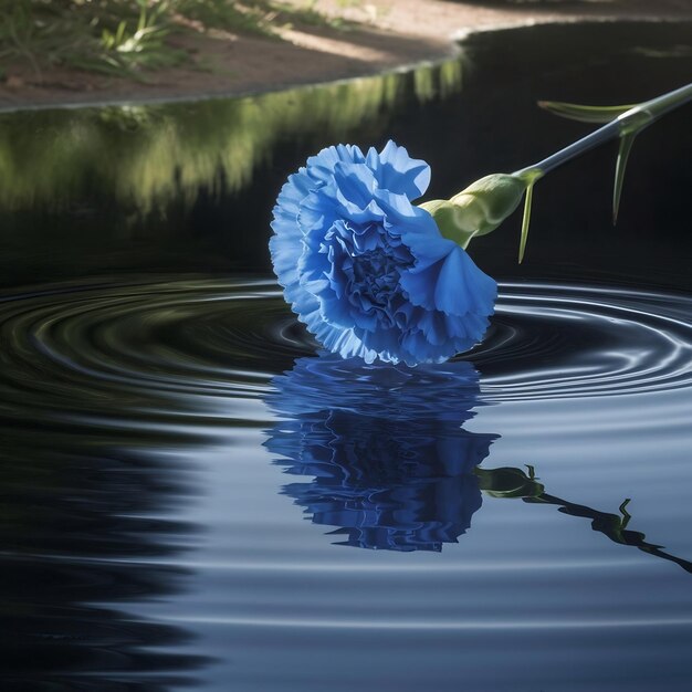 Foto el clavel azul cayendo en el agua.