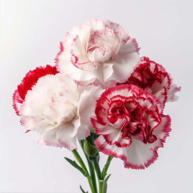 Claveles rojos y blancos vibrantes Impresionante fotografía macro sobre fondo blanco