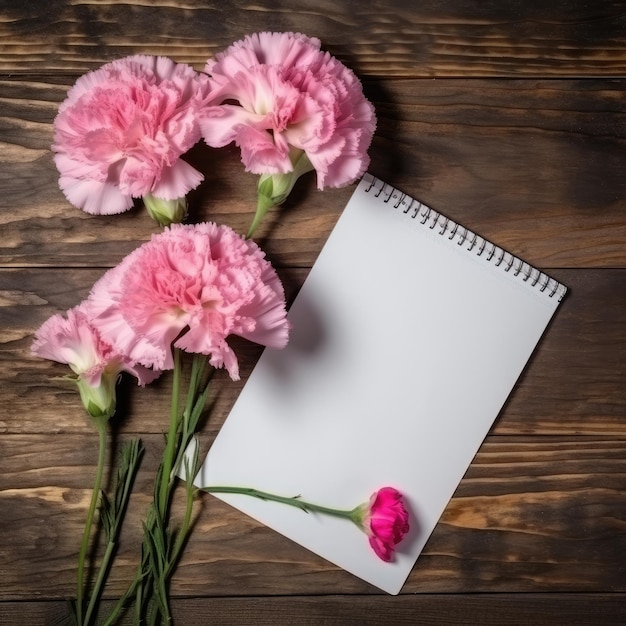 Claveles rosados en una mesa de madera con papel en blanco para el fondo de saludo del Día de la Madre