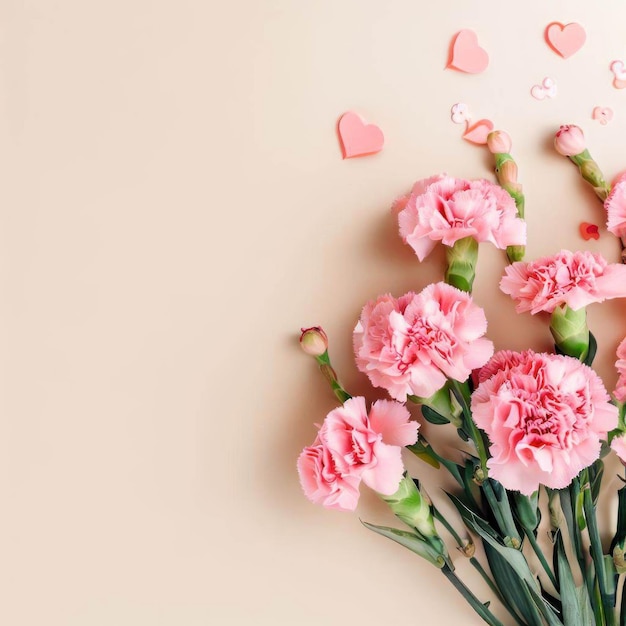 Claveles rosas con corazones sobre un fondo rosa