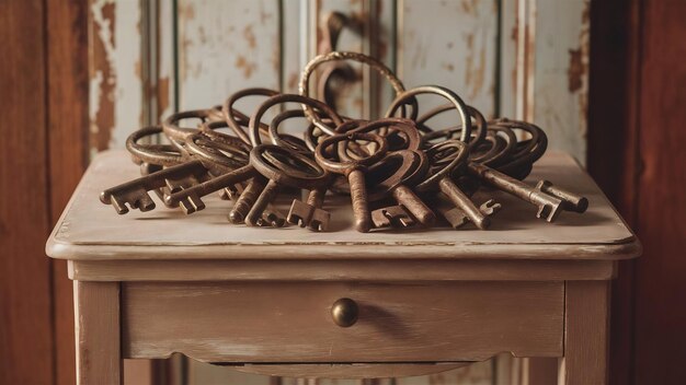 Claves rústicas en una mesa de madera