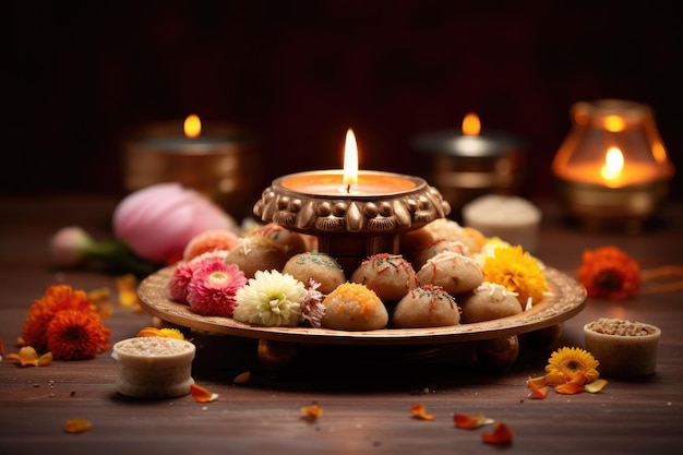 Clay diya mit indischen Süßigkeiten und Dekorationen für Diwali und andere hinduistische Feste