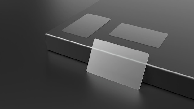 Foto clear business cards en matt black surface para maquetas e ilustraciones 3d render