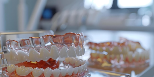 Clear Dental Aligner auf den Zähnen Modell Eine Nahaufnahme Konzept Zahnpflege Clear Aligners Kieferorthopädie CloseUp Fotografie