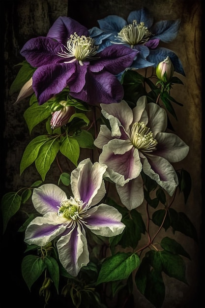 Clematis in einem Fenster mit einem grünen Blatt