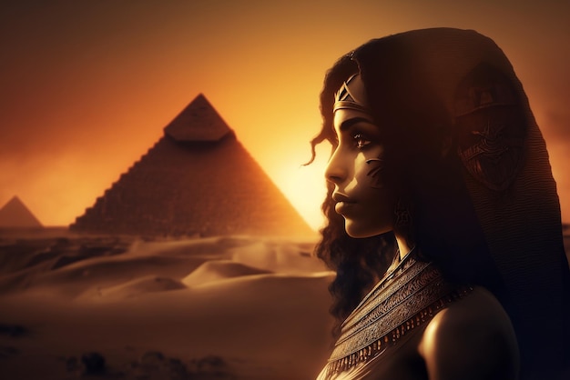 Cleópatra em um pôr do sol com as pirâmides de Gizé ao fundo no Egito Ai gerou arte