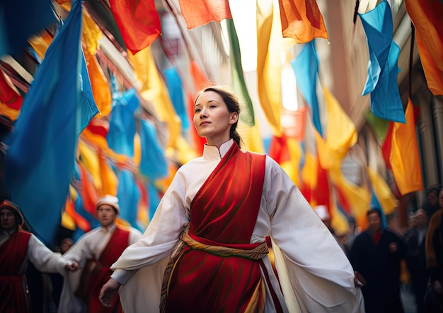 Foto una clériga que lidera una procesión religiosa por las calles acompañada de banderas coloridas y