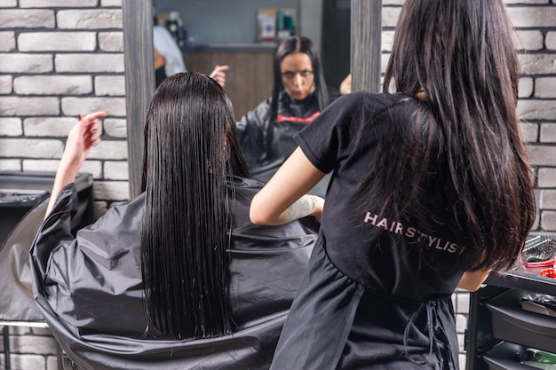 Clienta joven con el pelo largo y mojado explica sobre el corte de pelo al peluquero profesional mientras está sentado en un sillón en un salón de belleza