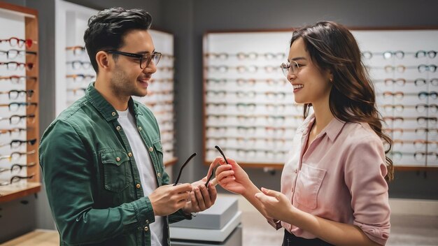 Foto cliente a usar óculos numa loja de óptica com a ajuda de um vendedor