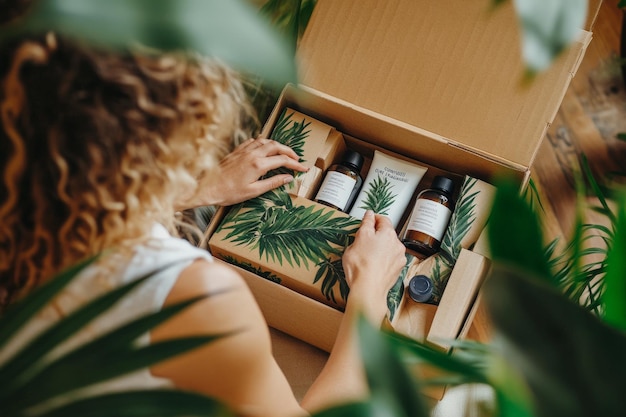 Un cliente abre una caja de envío biodegradable llena de productos ecológicos con un embalaje que se alinea con la misión verde de la marca