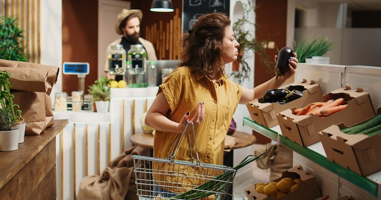 Foto el cliente agrega verduras orgánicas a la canasta