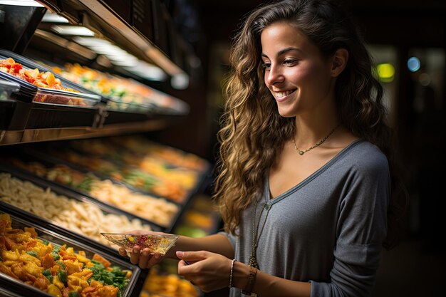 Foto cliente atento escolhe lanche lê rótulos e compara ia generativa