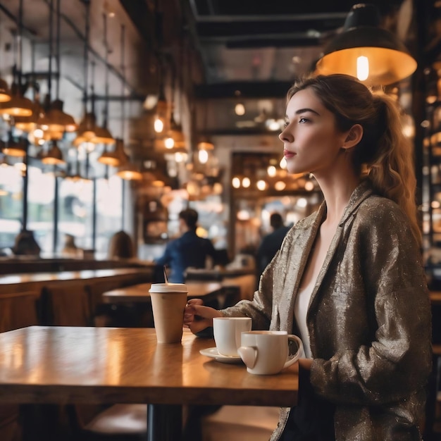 El cliente en la cafetería desenfoca el fondo con