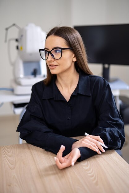 Cliente en clínica en espectáculos nuevos. Mujer con gafas con dioptrías después de una nueva receta mirando a su médico. De cerca