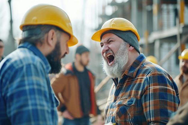 Foto un cliente y un contratista en una acalorada discusión gritando enojados frente a una obra de construcción