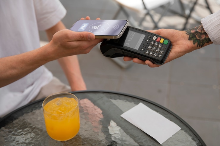 Foto cliente de alto ângulo pagando com dispositivo nfc