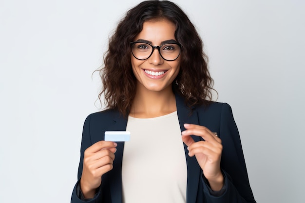 Cliente de banco confiante em óculos ostentando cartão de crédito para compras deliciosas contra um branco limpo